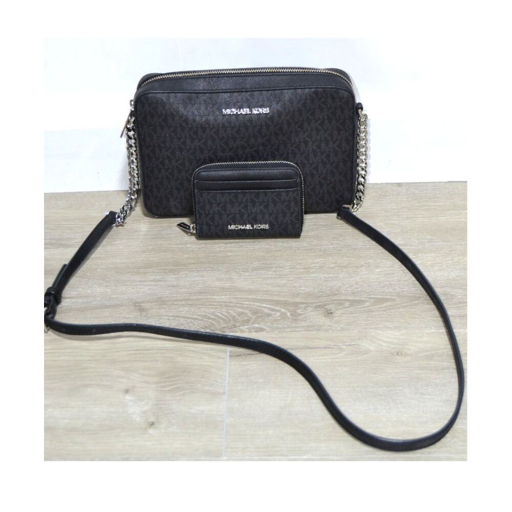 Michael Kors Jet Set Large Black Logo Crossbody Purse & Card Case Wallet Set